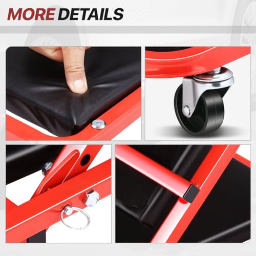 Foldable Rolling 2-in-1 Z Creeper & Seat, 36" Low-Profile Roller Mechanics Under Car Chair, 330 LBS Weight Capacity with 6 Swivel Casters - color: Red Black, size: 36 Inch Length