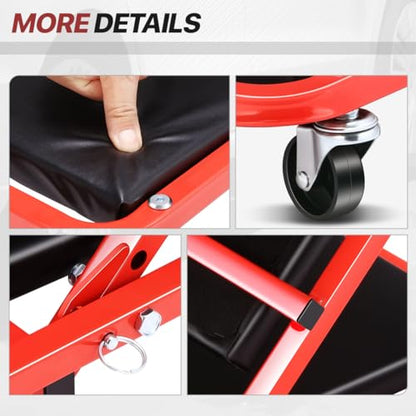 Foldable Rolling 2-in-1 Z Creeper & Seat, 36" Low-Profile Roller Mechanics Under Car Chair, 330 LBS Weight Capacity with 6 Swivel Casters - color: Red Black, size: 36 Inch Length