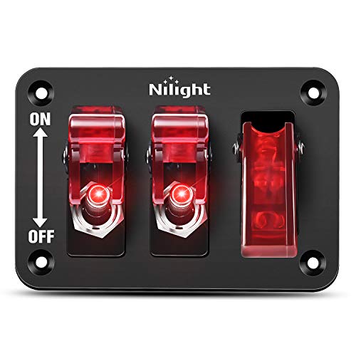 Nilight 3 Gang Toggle Switch 12V Rocker Switch Panel with LED Light and Flip Cover Heavy-Duty ON/Off Switch Plate 3 Pin SPST，2 Years Warranty - color: Red 3 Gang