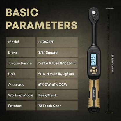 Digital Torque Wrench 3/8 Drive, 5.0-99.6 ft.lb ±1% Accuracy Electronic Torque Wrench Set with Buzzer and LED Inch Pound Torque Wrench with Spark Plug Socket for Car Repair Automobile Desert Tan - size: 3/8 Drive 6.8-135 N.m