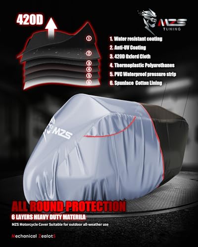 MZS Motorcycle Cover Waterproof Outdoor, Heavy Duty All Season Weather Sun Protection with Storage Bag Vents Night Reflective Cotton Lining Lock Holes fits up to 116" Motorcycles Vehicle Covers - size: XXX-Large 116 inches