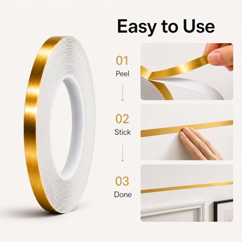 Gold Duct Tape, Metallic Mylar Film Tape, 10mm X 164 Ft. Vinyl Pinstripe Tape for Detailing Accent Wall, Wardrobe, Bathroom, Floor, Tile, Car, Graphic Arts - Stripe Stickers Decals - size: 10mm