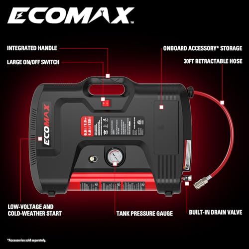 ECOMAX Wall Mount Air Compressor With 8 PCS Accessory Kit, Tire Inflator Portable Air Compressor with Retractable 30ft Air Hose, Mini Tank 125 PSI MAX Pressure & 1.5 HP for Garage and Home