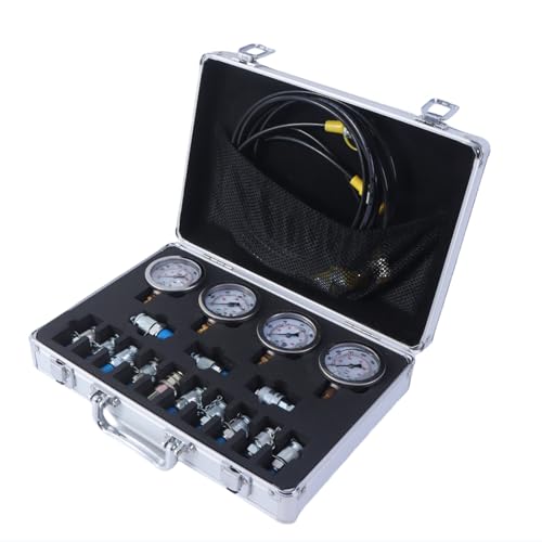 Hydraulic Pressure Gauge Test Kit 4 Gauges(10/25/40/60MPa) Tester Set with 3 Test Hoses & 13 Couplings Straight Connectors for Construction Machinery Excavator(Silver) - size: Silver 4 Gauges 13 Couplings