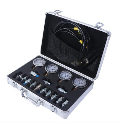 Hydraulic Pressure Gauge Test Kit 4 Gauges(10/25/40/60MPa) Tester Set with 3 Test Hoses & 13 Couplings Straight Connectors for Construction Machinery Excavator(Silver) - size: Silver 4 Gauges 13 Couplings