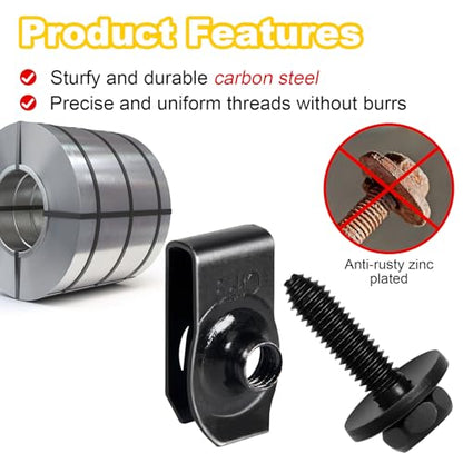 1/4 Body Bolts & U-Nut Clips Kit, Automotive Body Fender Bolts Kit, 50PCS - size: 1/4