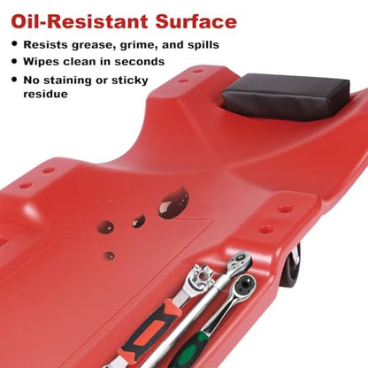 Mechanic Creeper 40 Inch - Heavy Duty 500 lbs Low Profile - Rolling Car Creeper with Padded Headrest, Dual Tool Trays, 6 Swivel Casters - Under Car Automotive Garage Creeper for Auto Repair, Red