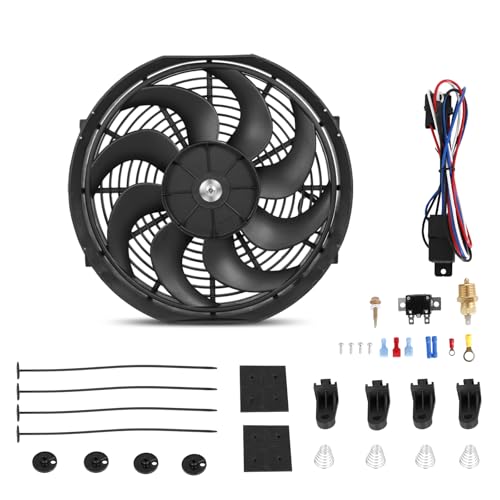 Universal 14-Inch Slim Electric Radiator Cooling Fan Kit – 12V 90W Push/Pull with Thermostat, Relay, Wiring Harness & Mounting Kit, Universal Fit – Black - size: 14 inch