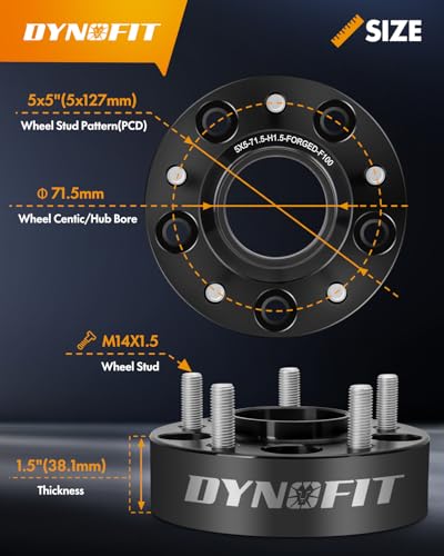 dynofit 1.5" Wheel Spacers for Je/ep JL JT WK WL, 5x5(5x127) HubCentric 71.5mm Thread M14x1.5 for 2018-2026 Wrangle, 2011-2026 Grand Cherokee, 2019-2026 Gladiator, 4 Pcs Forged Aluminum Spacers - size: 1.5 inch - M14x1.5 Studs