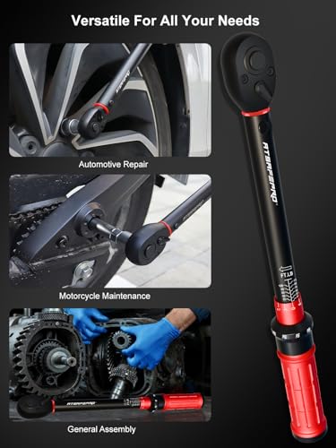 3/8 Torque Wrench 10-110 Ft-lb/13.6-149.2 Nm, ±3% Accuracy Click Torque Wrench 3/8 Inch - 72 Tooth Dual Direction, Quick Release, All Matel, Extension Bar & Adapters Set for Motorcycle and Car Repair