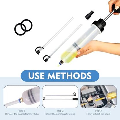 1 PC Fluid Extractor Pump, 200cc Oil Change Syringe with 2 Transparent Hose, Multi-purpose Manual Engine Oil Changer, Universal for Most Cars, Trucks, SUVs (White)