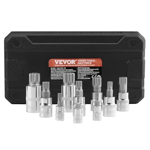 VEVOR XZN Triple Square Spline Bit Socket Set, 10-Piece M4 - M18, Premium Cr-V Steel, 1/4 in, 3/8 in, and 1/2 in Drives, with Enhanced Storage Case, Triple Square Socket Set for Hand Use, Automotive - size: 10 PCS