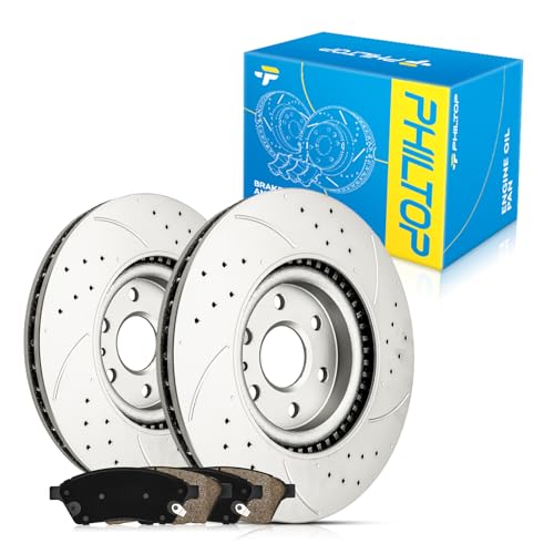 PHILTOP 13.6 inch(345 mm) Front Drilled and Slotted Disc Brake Rotors + Ceramic Pads Kit Compatible with Cadillac 2010-2016 SRX, Saab 2011 9-4X, 6-PC Set - size: DBK11V-Outside Diameter: 345mm(13.58in)