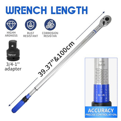 3/4-Inch Drive Click Torque Wrench, Dual-Direction Click Professional Torque Wrench 100-600FT.LB/135-815N.M, Dual Range Scales Graduated in FT.LB and N.M - size: 3/4" 100-600 FT.LB