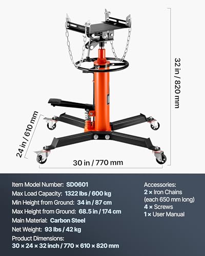 VEVOR Transmission Jack, 1322 LBS Hydraulic Telescoping Transmission Jack, 32"-67" High Lift Transmission Jack Stand with Foot Pedal, 360° Swivel Wheel - size: Medium
