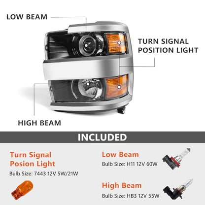 Headlight Fit for Chevy Silverado 2500HD 3500HD 2015-2019 Pair - color: Chrome Housing, size: Left & Right