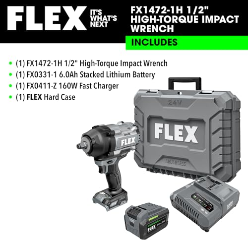 FLEX 24V Brushless Cordless 1/2-Inch 1,500 Ft-Lbs High-Torque Impact Wrench Kit with 6.0Ah Stacked Lithium Battery and 280W Fast Charger - FX1472-1H