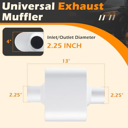 A-KARCK Single Chamber Muffler 2.25" Center Inlet 2.25" Center Outlet, 13" Overall Length Aluminized Steel Aggressive Sound Race Muffler (2 Pcs) - color: Silver, size: 2.25 Inch-2