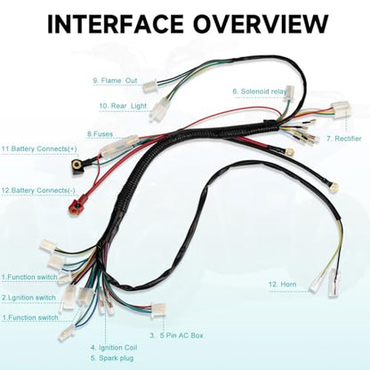 Complete Wiring Harness Kit for Tao tao 50cc 70cc 90cc 110cc 125cc ATV Quad Electric 4 Wheeler Stroke Parts Go Kart with 6-Pole Stator CDI Spark Plug Relay