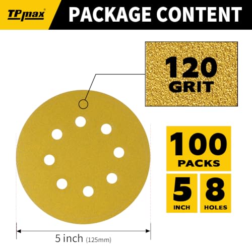 100PCS 5 Inch 120 Grit 125mm 8 Hole Sanding Discs Sandpaper - Premium Gold Round Hook and Loop for Random Orbital Sander - Ideal for Wood, Metal, Automotive - style: 120 Grit - 100 Pack