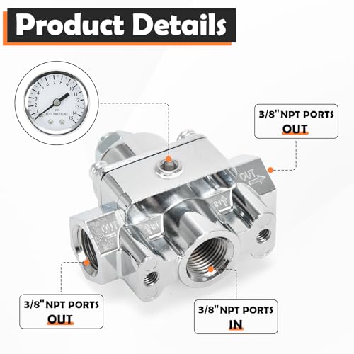 12-804 Adjustable Fuel Pressure Regulator with Gauge, Compatible with Holley and Edelbrock Carburetors, 1-4 PSI, 3/8" NPT, 1-in 2-Out - size: 12-804