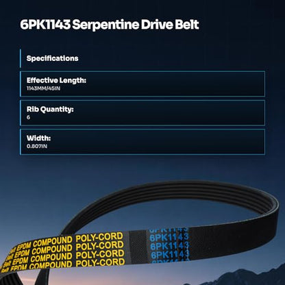 6PK1143 Serpentine Drive Belt with Ford Edge/Explorer/Escape - size: 6PK1143-1143mm