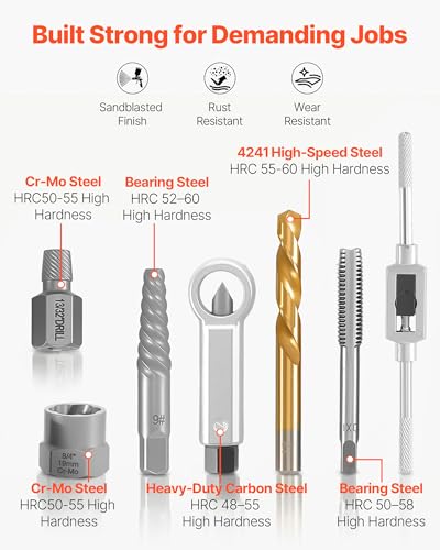 VEVOR 63-Piece Bolt Extractor Kit & Screw Extractor Set, Lug Nut Removal Tool with Left Hand Drill Bit Set, Nut Splitters, Taps & Tap Wrench, Ratchet, Adapters for Removing Rounded, Broken, Stripped - size: 63 PCS