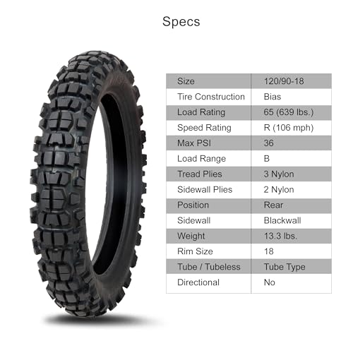 Tusk Waypoint Adventure Motorcycle Tire – 120/90-18 (65R) Rear – Dual Sport On/Off-Road Tread – DOT Compliant - size: 120/90-18