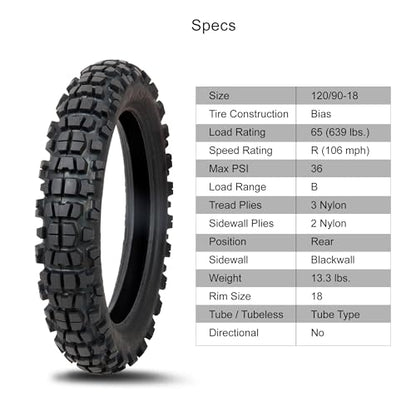 Tusk Waypoint Adventure Motorcycle Tire – 120/90-18 (65R) Rear – Dual Sport On/Off-Road Tread – DOT Compliant - size: 120/90-18