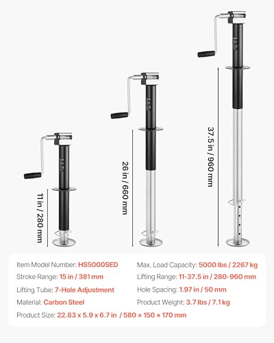 VEVOR 5000 lbs A-Frame Trailer Jack, 15-Inch Vertical Travel, Trailer Lift Jack with Adjustable 7-Level Drop Leg & Drill Socket, Cordless Drill Compatible, Suitable for RV, Utility, Yacht Trailers - size: 5000 lbs (25 inch Stroke)