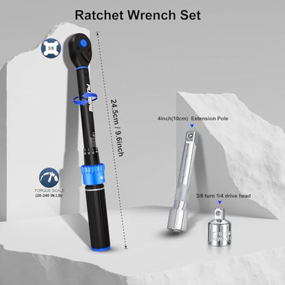 3/8" Drive Inch Pound Torque Wrench 20-240 in.lb, ±3% Accuracy, Dual-Direction 72-Tooth Small Torque Wrench Set with Extension Bar 3/8" Adapter for Bike Motorcycle Car Maintenance - size: 3/8" 20-240 in.lb - 4 Pcs