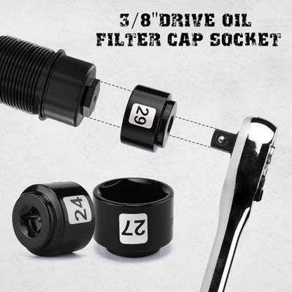 Mayouko 8 Pieces 3/8" Drive Low Profile Oil Filter Cap Wrench Socket Set, 24mm, 27mm,28mm,29mm,30mm,32mm,36mm,38mm,CR-V, Oil Filter Cap Remove and Install Tool Kit - size: 8PCS- 24,27,28,29,30,32,36,38mm