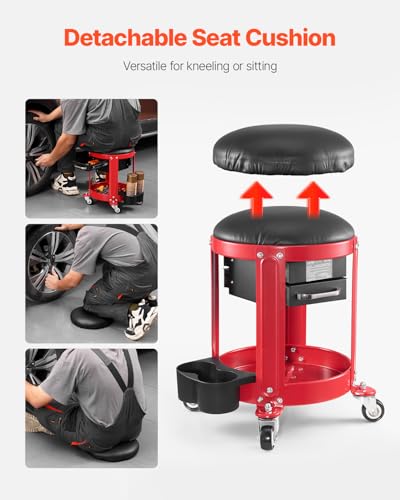 VEVOR Rolling Mechanic Stool with Wheels, 300 lbs Capacity Garage Seat/Work Stool, Padded Roller Creeper Seat with Fixed Height, Tool Tray and 2 Drawers, for Garage, Shop & Auto Repair, Red+Black