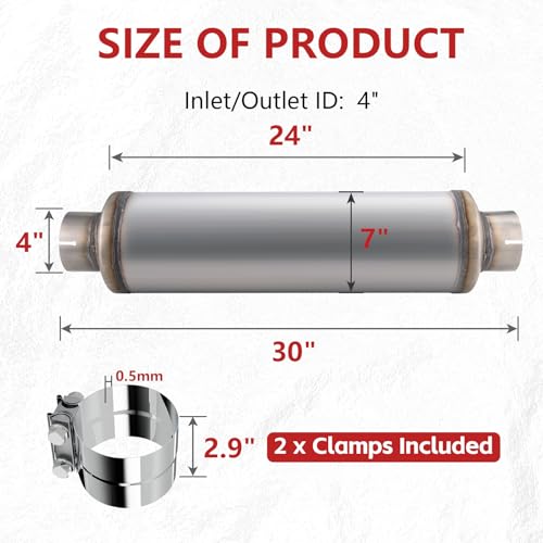 LCGP 4" Inlet Diesel Exhaust Muffler with Clamp, 4'' Inlet & Outlet Universal Resonator, 30'' Overall Length Stainless Steel Mufflers, Straight Through Design, welded On Muffler Resonator - size: 4" Inlet 30" Overall Length(7" wide)