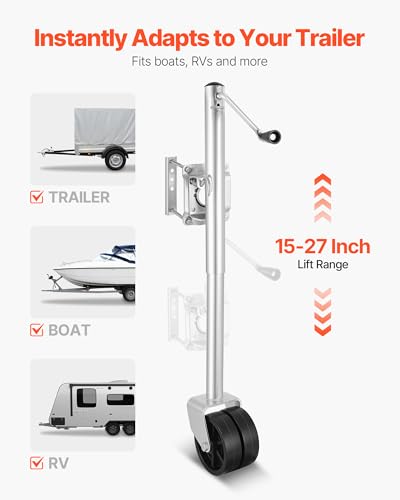 VEVOR Trailer Jack with Wheel, 2000 lbs Load Capacity, Heavy Duty Swivel Boat Trailer Jack with PP Dual Wheel & Ergonomic Handle, 15-27 Inch Lift Range, Fit for RVs, Boats and Utility Trailers - size: 2000lbs Upgraded (15-27 Inch Lift Range)