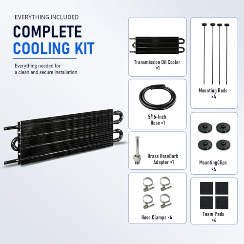 Transmission Oil Cooler, 4 Pass Tube and Fin Cooler Kit, 5/16 Universal Aluminium Oil Cooler Kit with Hose Mounting (Black) - color: Black, size: 4 Pass