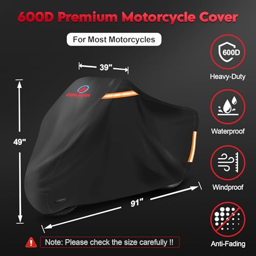 Comnova Motorcycle Cover 91 Inch - 600D Outdoor Motorbike Cover Waterproof with Lock Hole, Universal Fit for Harley, Honda, Kawasaki, Full Protection, Moped Covers for Motorcycle Vehicle Up to 91" - color: Basic - Black, size: 91 Inch