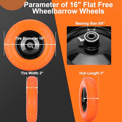 Upgraded 4.80/4.00-8 Flat Free Wheelbarrow Wheels with 5/8" & 3/4" Bearing - color: orange