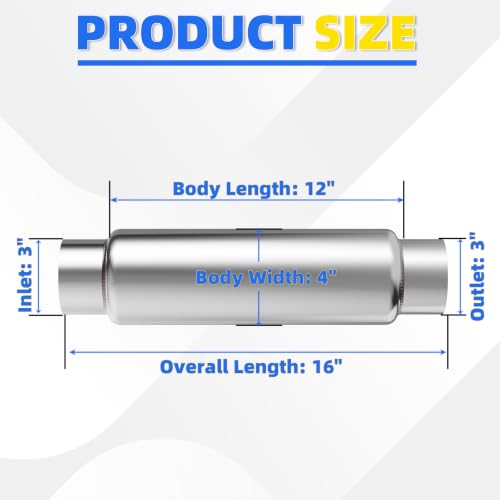 3" Inlet Exhaust Resonator, 3" Inlet/Outlet 16" Overall Length Exhaust Resonator Muffler, Straight Through Stainless Steel Muffler - size: 3" Inlet 16" Overall Length