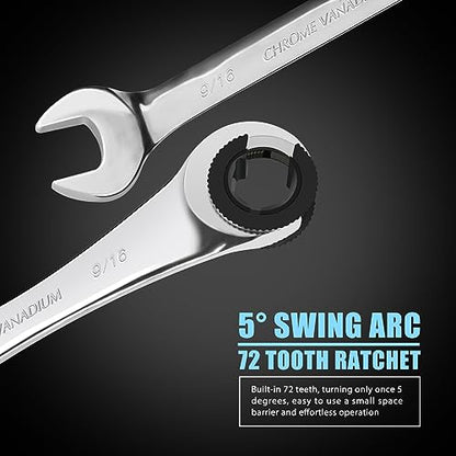 LOSCHEN 10 pcs SAE Ratcheting Wrench Combination Wrench Set 10 Pcs/Set with 72 Teeth, Chrome Vanadium Steel Tubing Ratchet Spanner（US and European Patents） - size: SAE set/10pcs