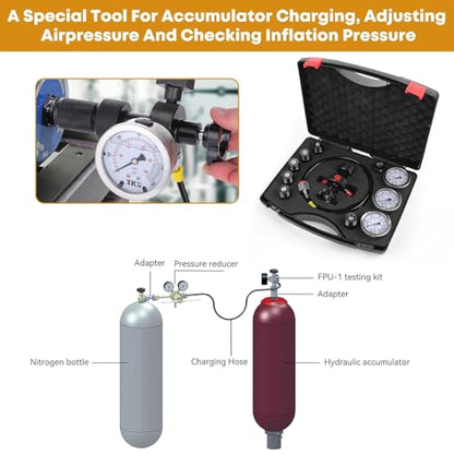 Hydraulic Nitrogen Accumulator Charging Kit, Nitrogen Fill Kit, Nitrogen Pressure Test System with 7 Couplings, 3 Gauges(1500PSI /4000PSI/ 6000PSI), and 1 Gas Hose (3 Gauges) - size: 3 Gauges 7 Couplings