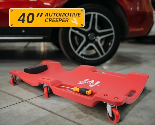 MAXWORKS 50874 40 Inch Plastic Rolling Garage Creeper with Padded Headrest and Dual Tool Trays, 300 Lbs