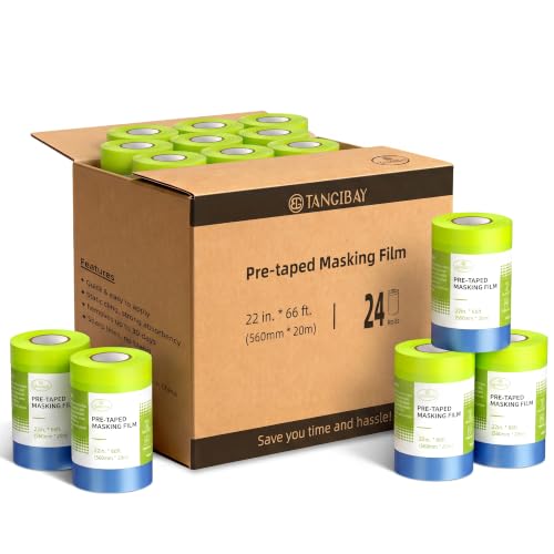 Tangibay Pre-Taped Masking Film - 22" x 66' Painters Plastic Sheeting with Painter's Tape and Drape for Automotive & House Painting, Covering Cars, Walls, Windows and Furniture Protection (24 Rolls) - size: 24 Rolls: 22"