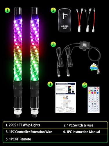 2 Pack 1FT Whip Lights with Spring Base, LED Whip Light with App & Remote Control, Spiral RGB Chasing Lighted Whips with Rocker Switch, Music Whip Light for UTV ATV - size: 1FT