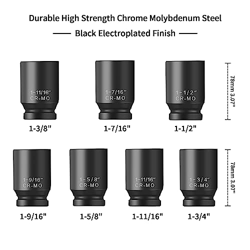 TONYNOL 1/2 Inch Drive Deep Impact Socket Set, 6-Point, SAE(1/2 Drive 1-3/8"to1-3/4"), 7 PCS, Cr-Mo, Heavy Duty Impact Socket Set, with a strong case - size: 1/2" SAE 7PC (1-3/8" to 1-3/4") Deep