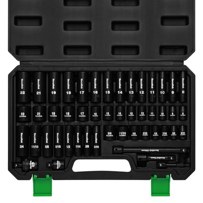 TecoTek 3/8" Drive Impact Socket Set, 49-Piece SAE (5/16"-3/4") and Metric (8mm-22mm), 6 Point, Cr-V, Extension Bars, 1/2" F to 3/8" M Reducer, Universal Joint and Power Drill Adapter - style: 3/8" Drive 49pcs Impact Socket Set