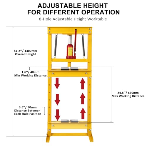 Heavy Duty H-Frame Hydraulic Shop Press – 12 Ton Capacity, Adjustable Floor & Benchtop Design, Includes Press Plates, Ideal for Bearing & Metal Straightening in Automotive, Garage &