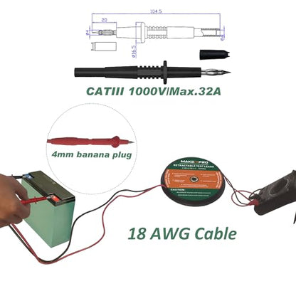 2 Wires 30FT 18AWG Retractable Test Leads with Cable Bag