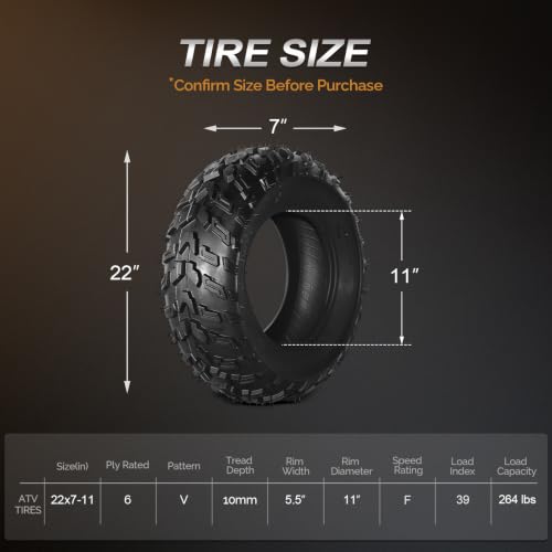 TUFFIOM Set of 2 ATV UTV Tires, 22x7.00-11/6PR All-Terrain Mud Tires with Directional Tread, Drainage, Strong Srip and Snow-breaking for Rainy/Snowy Areas, Tubeless Trail Tire - size: 22x7.00-11 (2 pack)