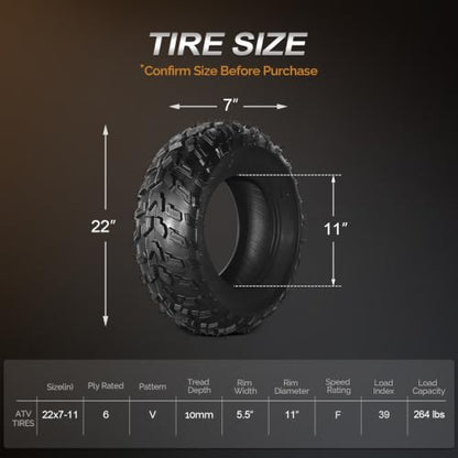 TUFFIOM Set of 2 ATV UTV Tires, 22x7.00-11/6PR All-Terrain Mud Tires with Directional Tread, Drainage, Strong Srip and Snow-breaking for Rainy/Snowy Areas, Tubeless Trail Tire - size: 22x7.00-11 (2 pack)